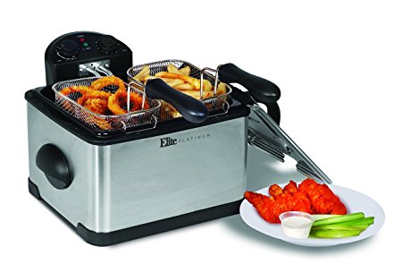 Elite Platinum EDF-401T Maxi-Matic 1700-Watt Stainless-Steel Triple Basket Electric Deep Fryer with Timer and Free Odor Filter, 4.2L/17-Cup