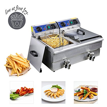 Koval Inc. Stainless Steel Commercial Electric Deep Fat Fryer with Drain and Basket (20L, Silver Double Tank)