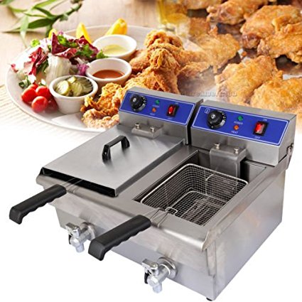 PanelTech 3600W 20L Commercial Countertop Stainless Steel Dual Tank Electric Deep Fryer for Restaurant Supermarket Fast Food Shop Snack Bar Home Kitchen with Drain Faucet Lid Basket