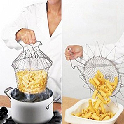 2017 Foldable Steam Rinse Deep Fry Chef Basket Magic Basket Mesh Basket Strainer Net Kitchen Cooking Tool Stainless Steel Colander (1) (1, Silver)