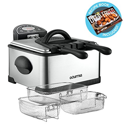 Gourmia GDF500 Compact Electric Deep Fryer, 3 Baskets with Digital Timer & Thermostat, Stainless Steel, 4.2 quart/18 Cups of Oil/4 lbs of Food, 1700W, Silver, E-Recipe Book Included,110V