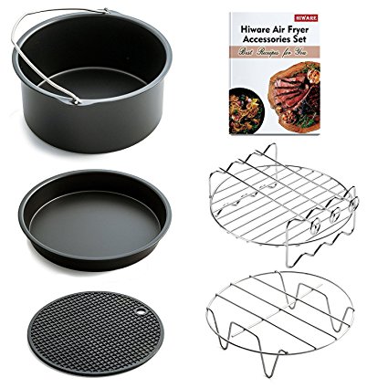 Hiware Air Fryer Accessories Fits All 3.2QT - 5.3QT - 5.8QT - Non-stick Barrel / Pan + Stainless Steel Holder / Double-layer Rack with Skewers+ Silicone Mat + Air Fryer Cookbook