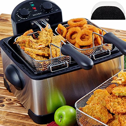 Secura 1700-Watt Stainless-Steel Triple Basket Electric Deep Fryer with Timer Free Extra Odor Filter, 4.2L/17-Cup